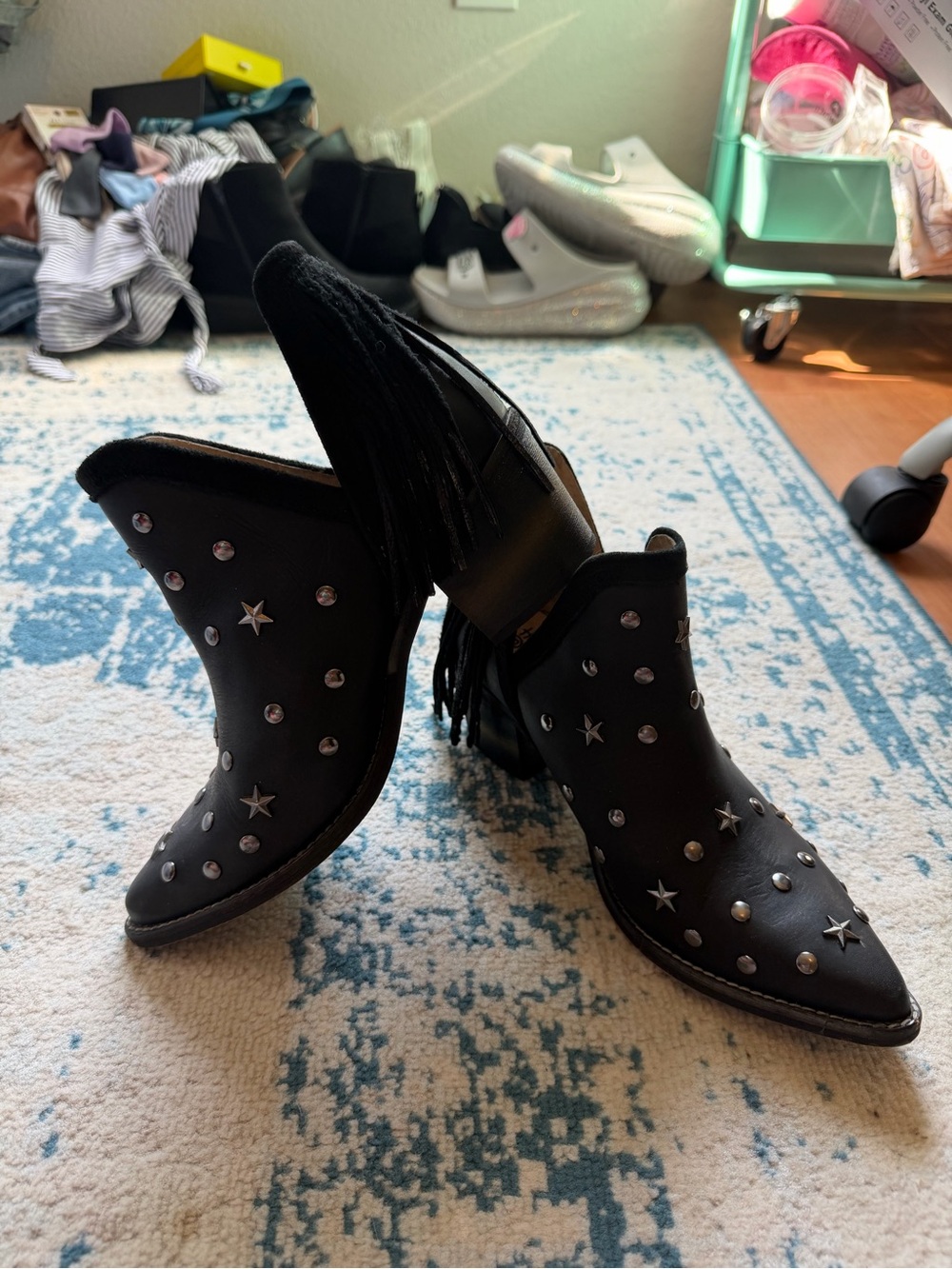 Black Studded Fringe Western Ankle Boots